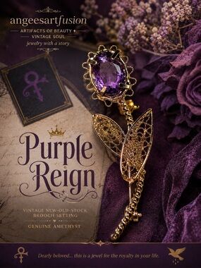 “Purple Reign”- Genuine Amethyst on a Vintage NOS Gold Tone Flower Brooch OOAK